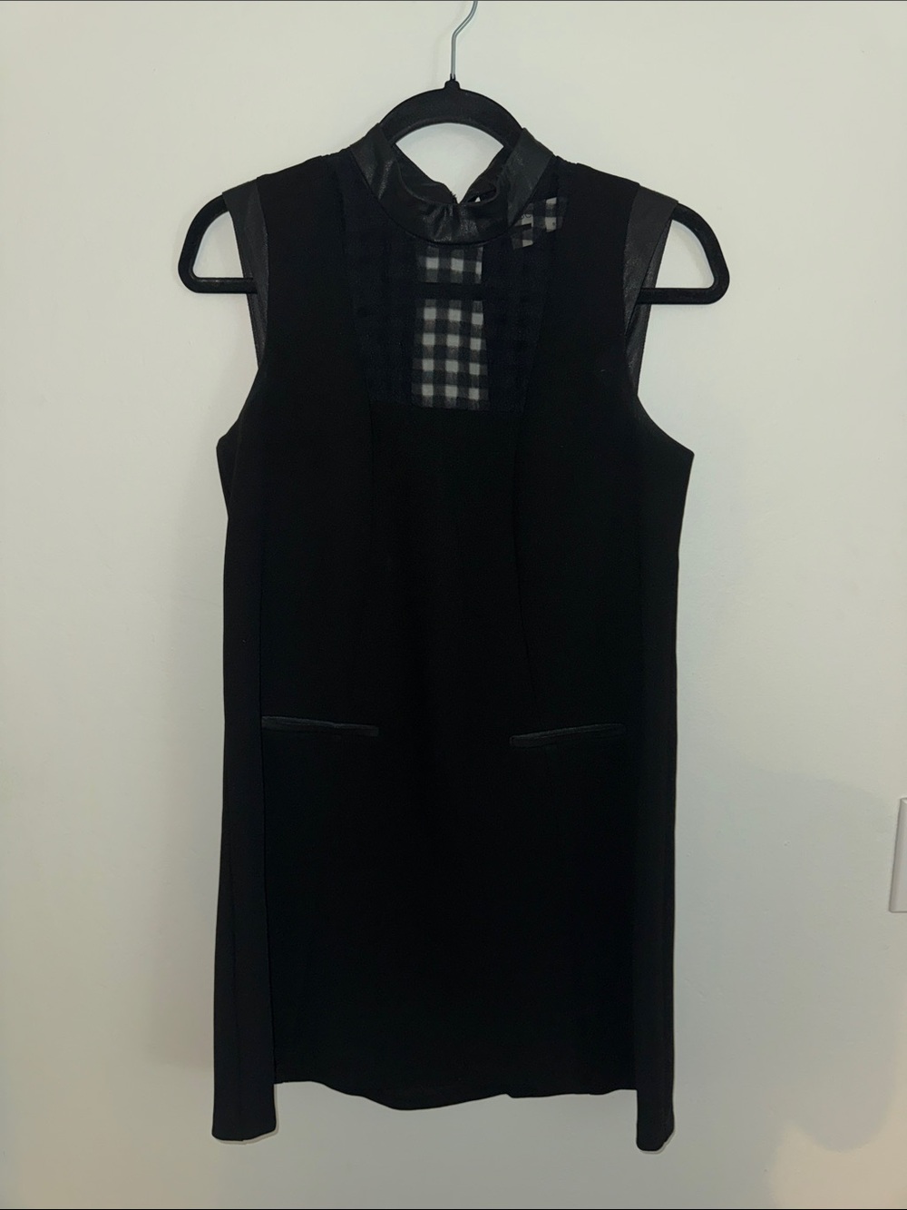 BCBGeneration Black Sleeveless Mini Dress with Plaid Sheer Yoke